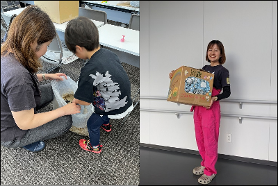 親子でダンボールコンポスト講習会の様子と完成品