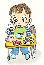 離乳食を食べている男の子のイラスト